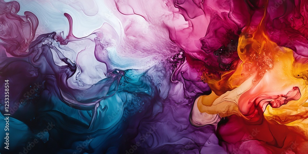 Poster abstract artwork showcasing ink flow art with intricate and dynamic patterns, incorporating a blend of vibrant and muted hues that flow and interact in a harmonious and c