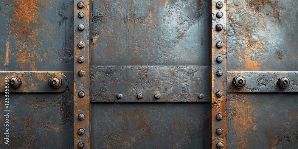 Poster abstract scene where metal textures create a layered and industrial background, incorporating elemen
