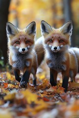 Fototapeta premium Two Red Foxes Walking Through Autumn Leaves