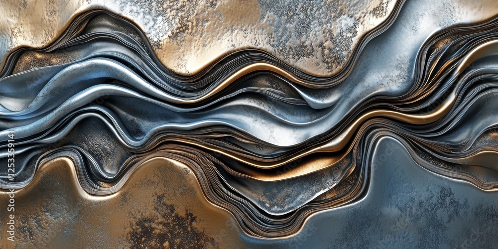 Fototapete abstract artwork showcasing metal textures with intricate patterns and reflective surfaces, using a mix of polished and matte finishes to produce a visually engaging and