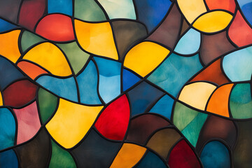 Fototapeta premium A vibrant abstract stained glass design featuring a mix of colors including red, yellow, blue, green, and brown, with flowing shapes and outlines.