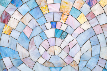 colorful stained glass mosaic featuring swirling patterns in shades of blue, pink, and white. The glass pieces are arranged in a spiral design