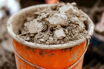 Construction site bucket of cement mix