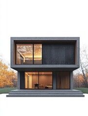 Modern Architectural Marvel: Captivating minimalist house design, blending concrete and wood elements, harmoniously set against the backdrop of a tranquil, nature-rich environment.