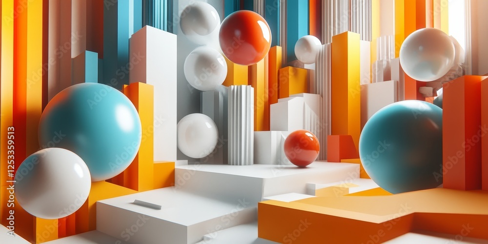 Aufkleber abstract scene where 3D forms are arranged in a harmonious and engaging manner, blending various colors and textures to create a modern and sophisticated visual effect