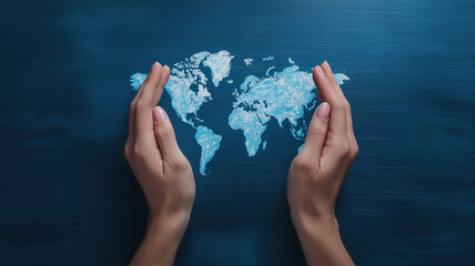 Creative concept of world map painted on two hands, symbolizing care and protection for planet. hands cradle map against blue background, conveying sense of unity and responsibility
