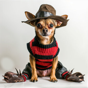 Chihuahua Dressed in Freddy Krueger Costume for Halloween
