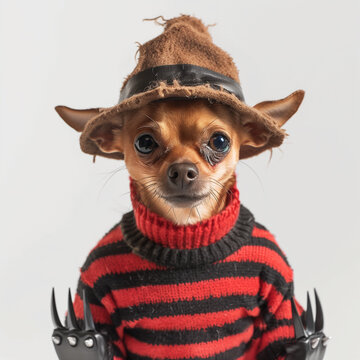 Chihuahua Dressed in Freddy Krueger Costume for Halloween