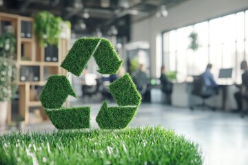 A grass texture in the shape of a recycling symbol on a blurred office background with people