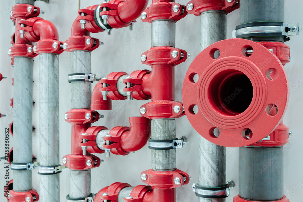 Aufkleber A row of red pipes with a red pipe in the middle. The pipes are connected to each other and are red in color. ndustrial and mechanical background concept