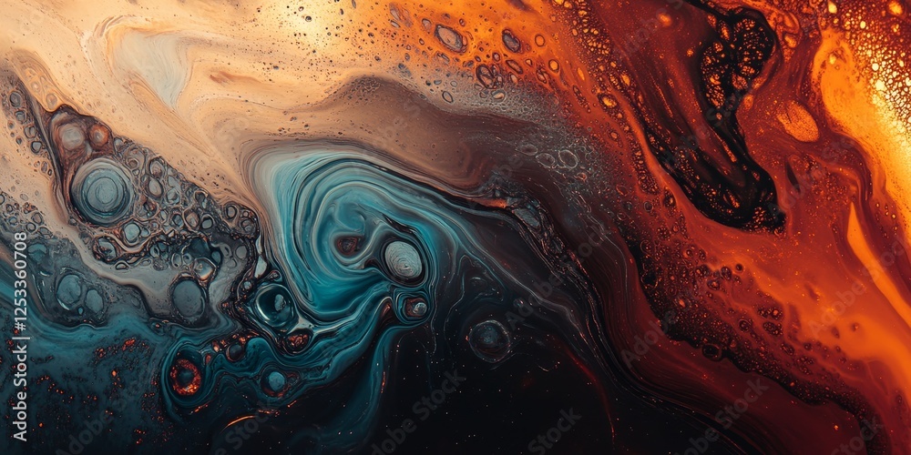 Poster abstract artwork showcasing metallic gradients with a focus on the intricate and reflective blending of metal-like colors, creating a visually engaging composition with a