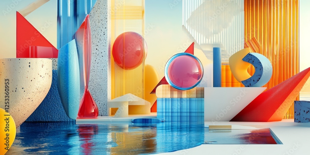 Aufkleber abstract scene where 3D illusions are incorporated into a refined composition, blending various shapes and colors to create a modern and engaging visual effect