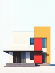 Colorful Modern House: A vibrant and contemporary home, showcasing a minimalist design with bold geometric shapes, splashes of primary colors, and clean lines, exemplifying modern architectural style.
