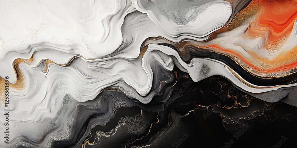 Poster abstract artwork showcasing 3D illusions, using fluid lines and detailed textures to produce a visually striking and sophisticated design with a focus on depth and dimens