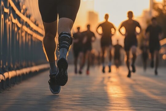 A man with a prosthetic leg runs on a city bridge walkway at sunrise. - Powered by Adobe