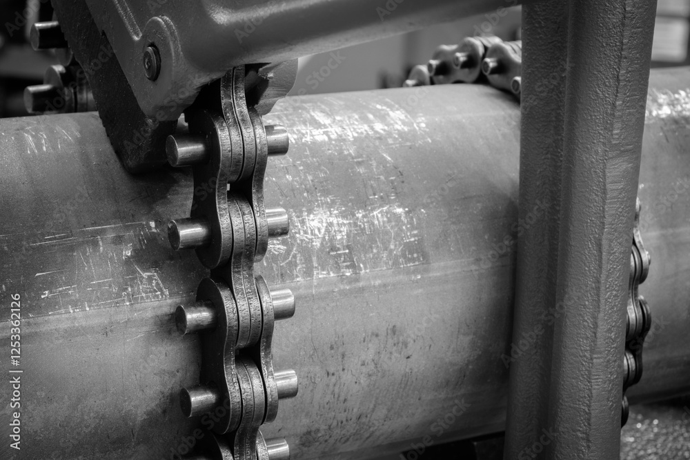 Poster chain is wrapped around a metal pipe. the chain is rusty and has many holes. the chain is attached t