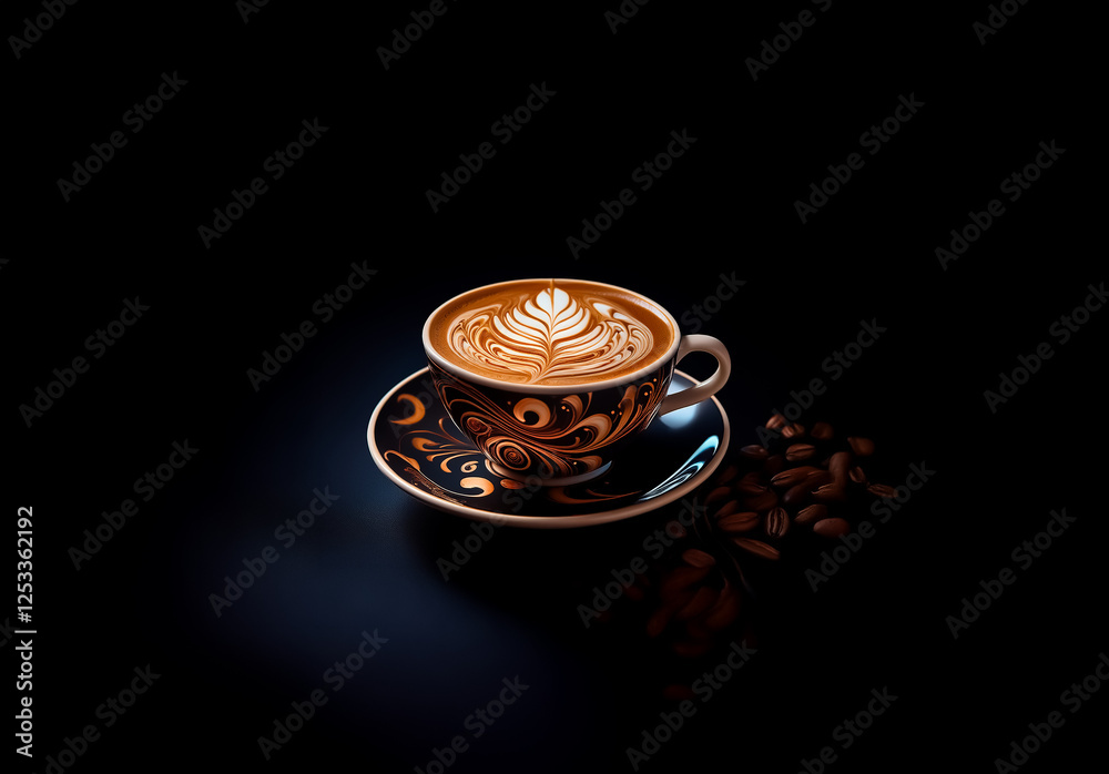 Poster a cup of coffee with decorative latte art in a patterned cup and saucer on a dark surface with scatt