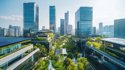 Naklejka premium Green urban architecture with modern skyscrapers and lush rooftop gardens