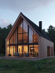 Obraz premium Modern Home Amidst Nature's Embrace: A captivating architectural marvel showcases a contemporary home with a distinctive A-frame design, featuring expansive glass windows that invite the outdoors in.