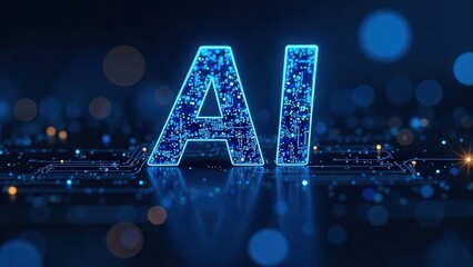 AI text with digital circuit elements on blue background, themed science videos about technology, artificial intelligence and innovation. close-up