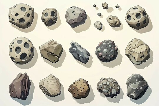 Set of stylized meteorites and asteroids with various textures and colors on a neutral background. Digital illustration of space rocks for design and game assets.