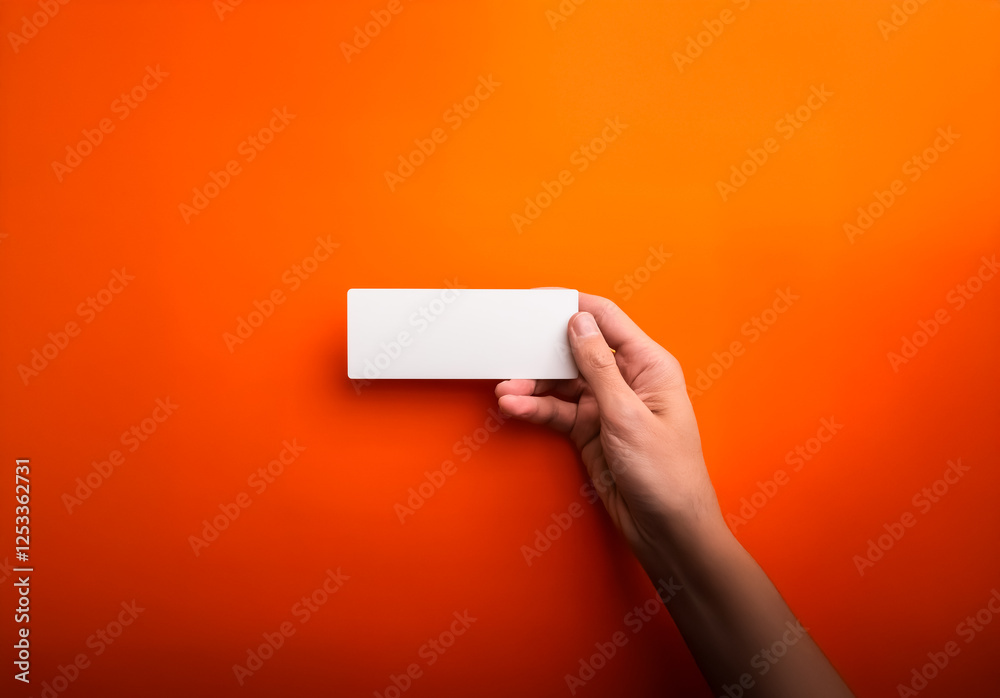 Aufkleber A hand delicately holds a white rectangular object against a vibrant orange backdrop. Minimalist composition emphasizes the object and the stark color contrast.