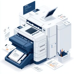 a printer clipart, office equipment, clean isometric view, metallic finish, isolated on white background