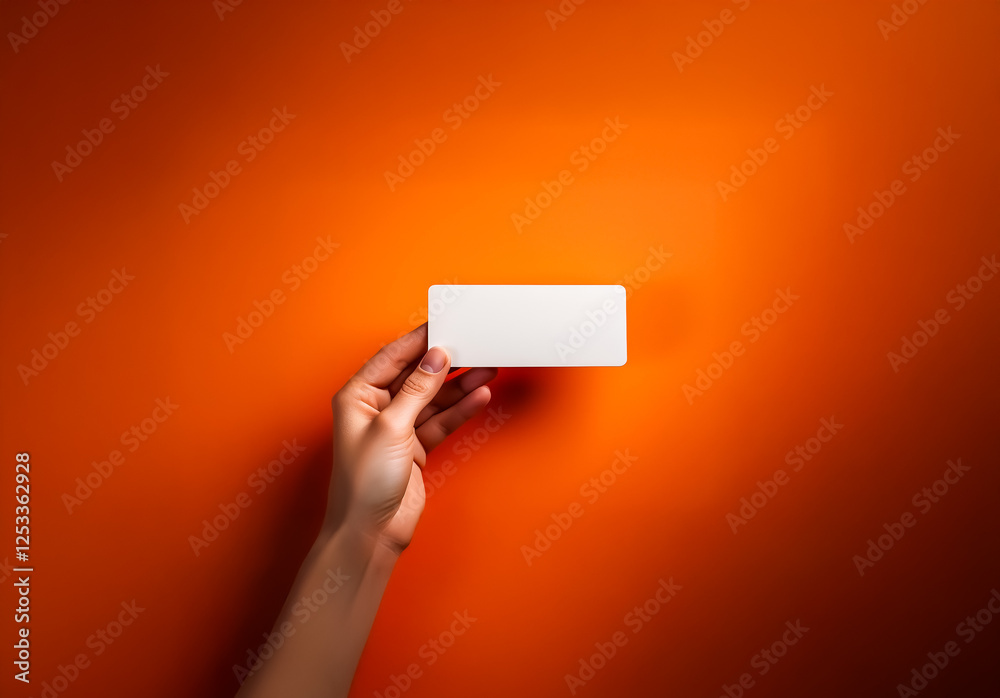 Aufkleber A hand gently holds a blank white rectangular card against a vibrant orange textured background. Overhead lighting casts soft shadows, creating a simple and clean presentation.
