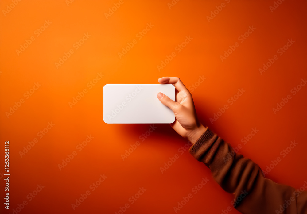 Aufkleber A hand with a brown sleeve holds a white rectangular object against an orange backdrop. The blank object is held horizontally in a simple studio shot with a focus on the hand and the object.