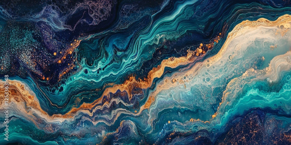 Poster abstract visual with abstract fluid art that blends and flows in an ever-changing pattern, incorporating a range of colors and textures to create a mesmerizing and immers
