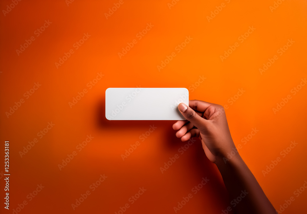 Aufkleber a hand with dark skin holds a white rectangle card against a vibrant orange backdrop. simple composi