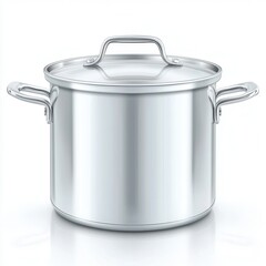 A stainless steel pot, kitchen cookware, with a lid, realistic details, isolated on white background
