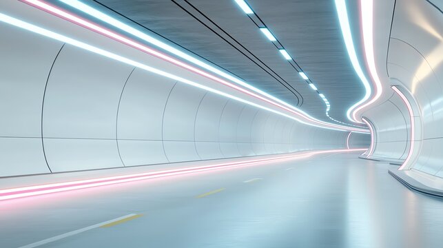 Futuristic tunnel with vibrant neon lights and smooth curves, showcasing modern architectural design in urban transport.