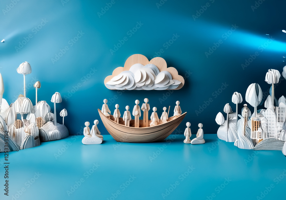 Aufkleber miniature paper craft scene with a boat carrying figures sailing under a cloud. stylized trees and b