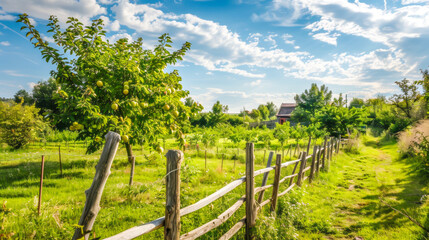 Idyllic countryside landscape with wooden fence, lush greenery and sunny blue sky. Concept of rural life, eco-living, local travel. Perfect for sustainable tourism, organic farming and nature retreats