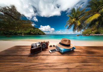 Obraz premium A serene tropical beach view with turquoise water and palm trees in the background. Travel essentials like camera, hat, sunglasses, phone, and suitcase are placed on a wooden surface.