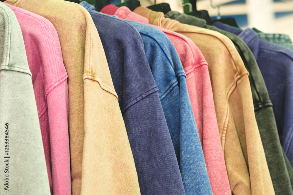 Poster a row of colorful sweatshirts are hanging on a rack. the colors include pink, blue, green, and yello