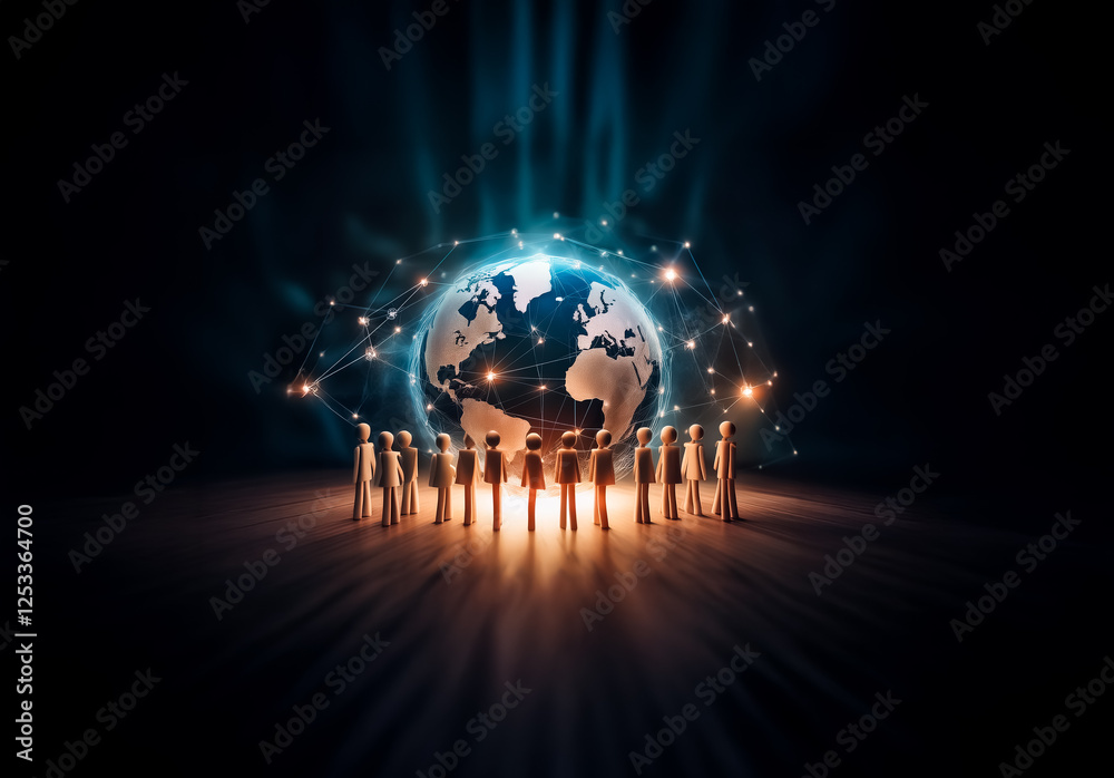 Aufkleber A group of figures encircles a glowing globe, connected by network lines. Blue beams radiate from the Earth on a dark backdrop, representing global connection and technology.