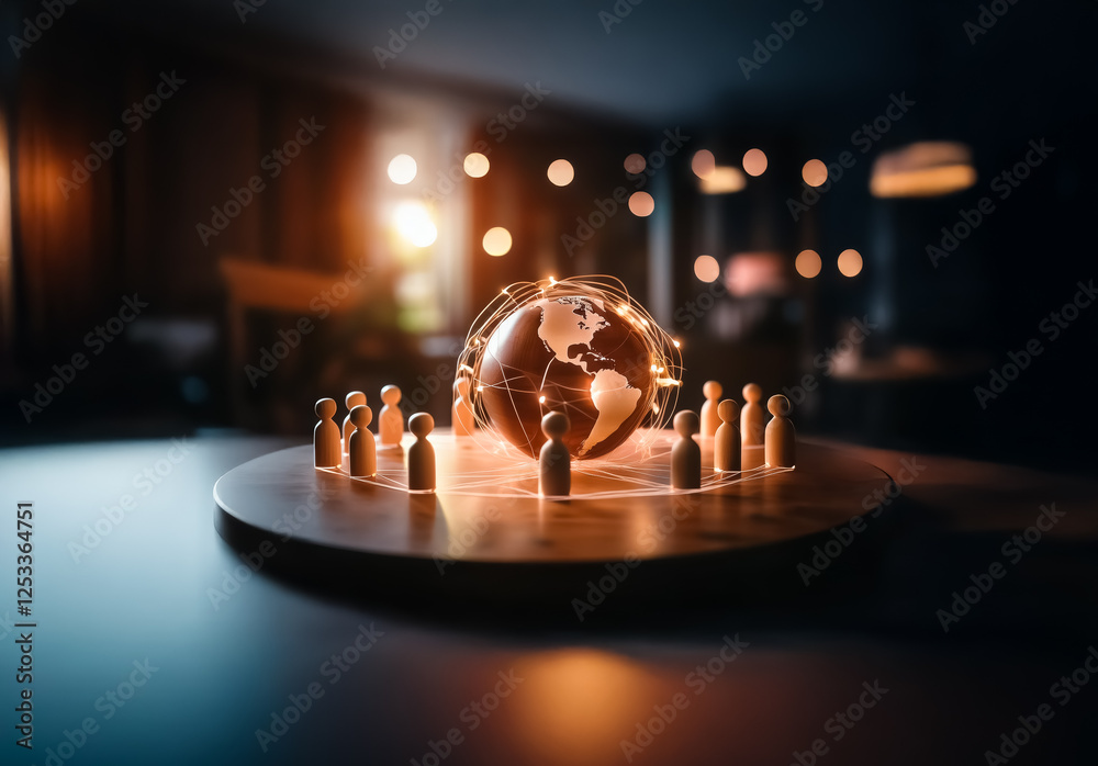 Poster Glowing globe encircled by wooden figures on a round platform, symbolizing global collaboration and unity in a softly lit environment.