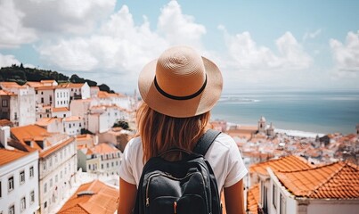 A female tourist takes in the stunning Lisbon skyline from a balcony, savoring travel, vacation, and tourism in Portugal