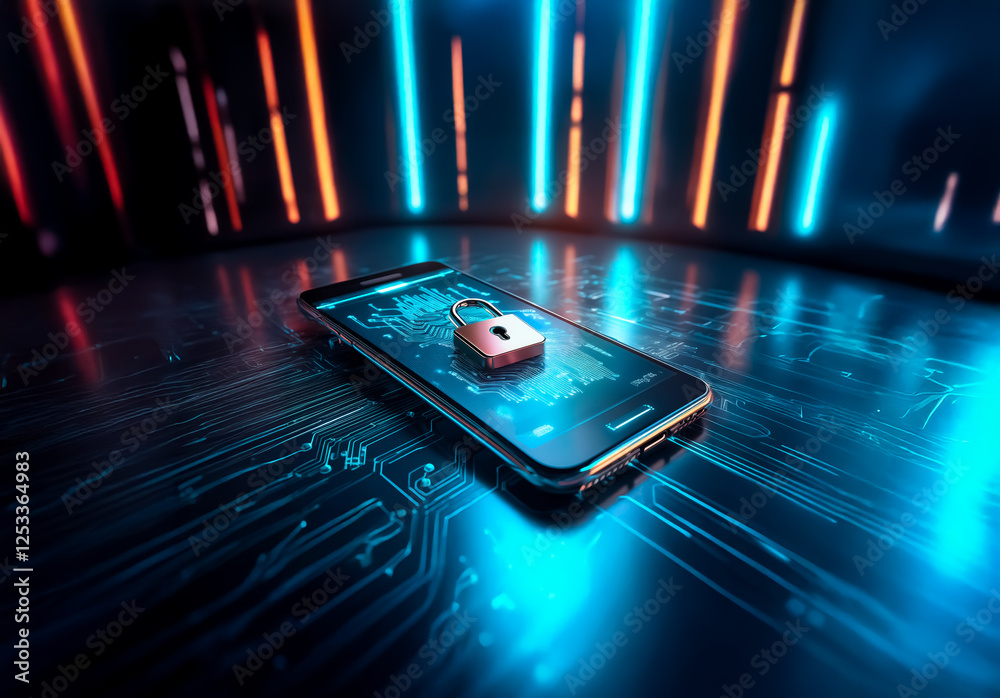 Aufkleber a secure mobile phone displays a padlock on its screen, resting on a glowing circuit board against a