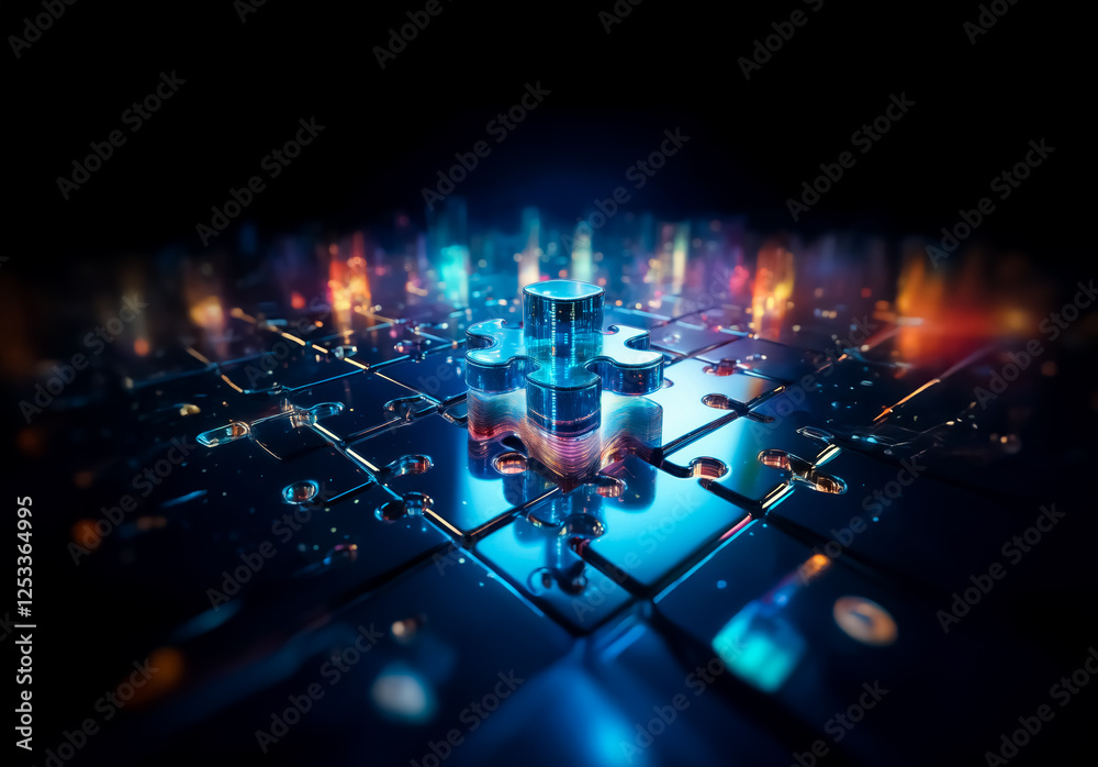 Poster abstract geometric shapes glow with blue and orange light on a dark reflective surface, creating a m