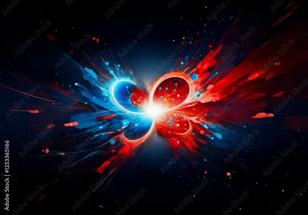 Poster dynamic abstract explosion of vibrant red and blue energy against a deep dark background. a central 