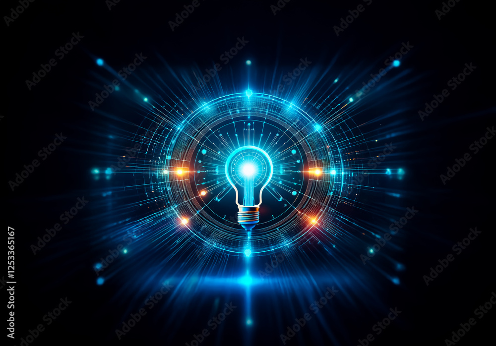 Aufkleber A glowing lightbulb is centered in a futuristic digital design with radiating beams of light. It evokes ideas of innovation and technological advancement against a dark backdrop.