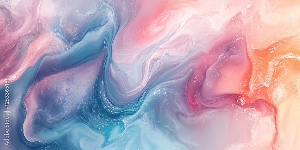 Poster abstract scene where watercolor fluid art reveals intricate and organic patterns, using a harmonious blend of soft colors and gradients to evoke a sense of fluid movement
