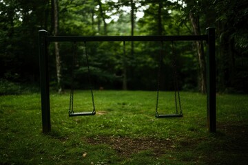 Empty swings in a lush forest