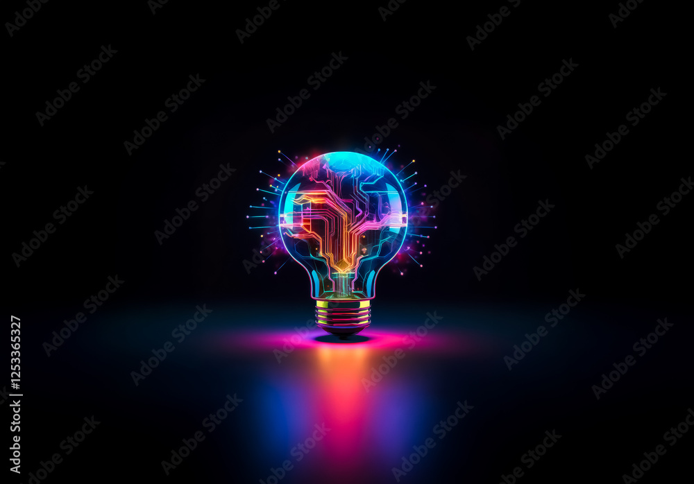 Fototapete Glowing lightbulb with circuit board design on a dark background. Neon colors illuminate the intricate pattern, suggesting innovation and technology.
