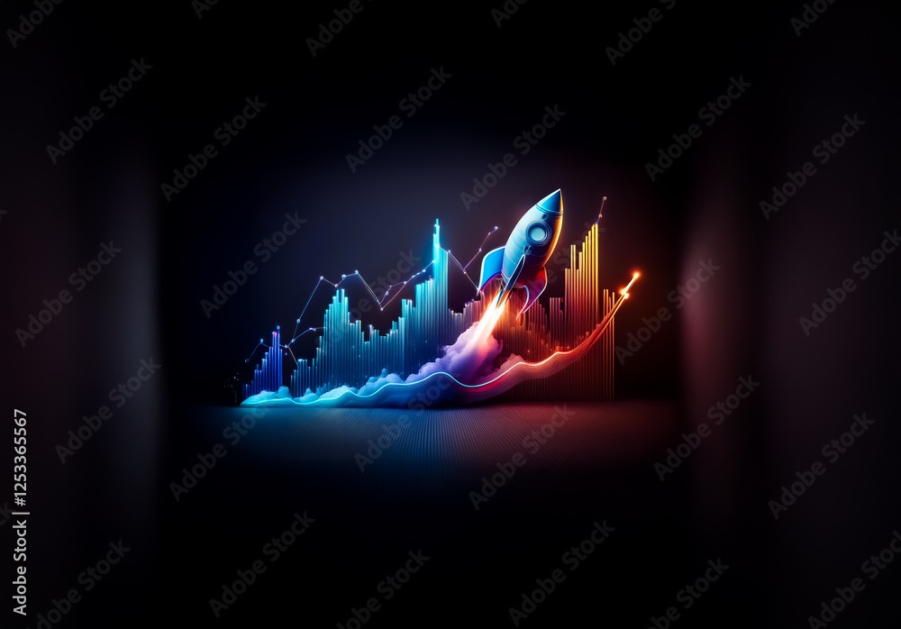 Aufkleber rocket launching with vibrant colors against a dark backdrop, symbolizing growth and upward trajecto