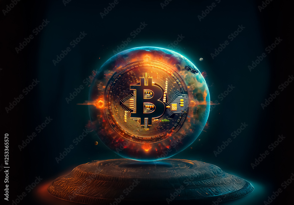 Poster digital bitcoin symbol inside a glowing sphere, displayed on a pedestal against a dark background, r