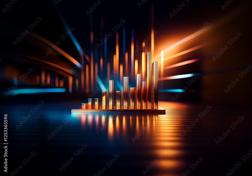Leinwandbilder abstract glowing columns in orange and blue hues, resembling a bar graph, stand on a reflective surf